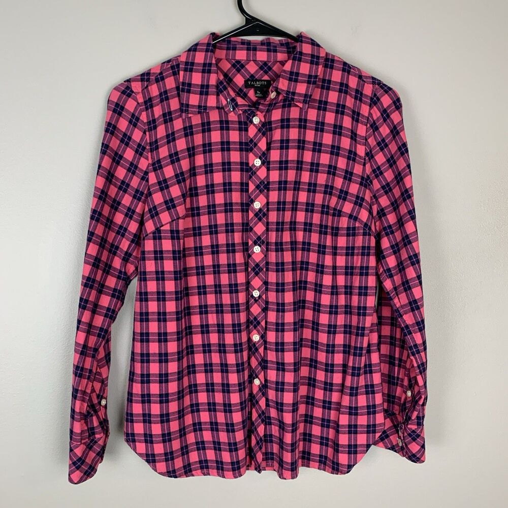 Talbots Top Womens Small Petite Plaid Long Sleeve Preppy Button Up Blouse